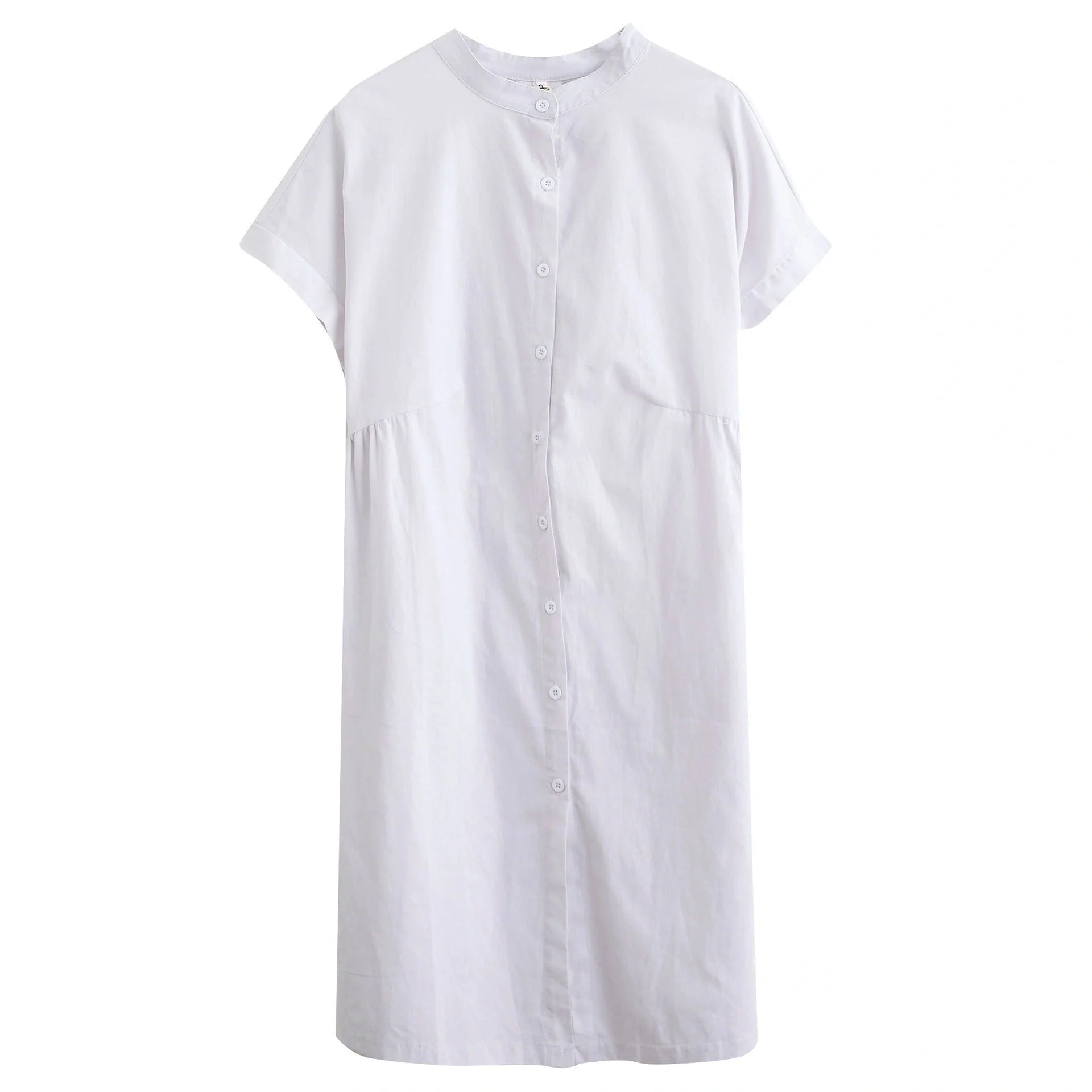 Women's cotton-linen stand collar short sleeves dress in black and white