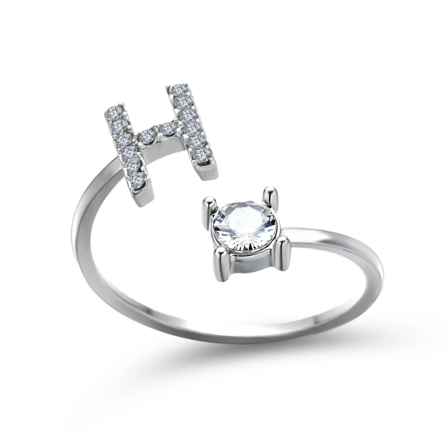 Customizable adjustable ring with 26 letters for women, featuring zircon stones and copper alloy construction