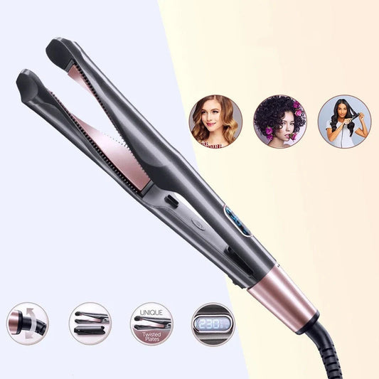 Metallic grey 2-in-1 hair straightener and curler with tourmaline ceramic plates