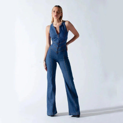 Stylish summer denim jumpsuit for women with halter neck and heart-shaped backless design