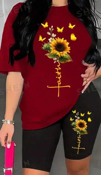 Women's sunflower printed t-shirt and shorts set for summer