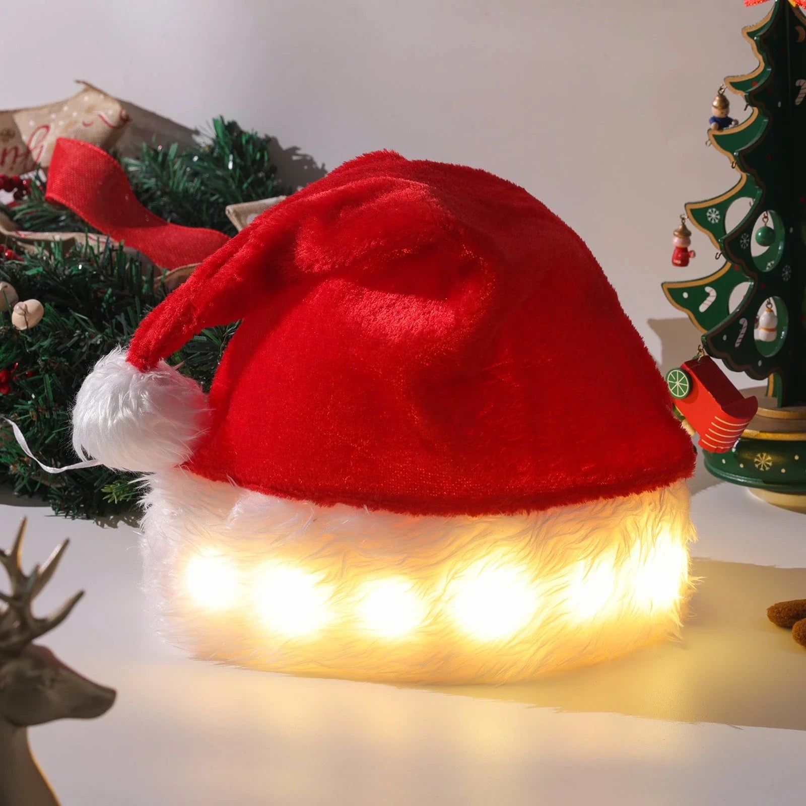 Premium plush light-up Santa hat with 20 vibrant color-changing LED lights