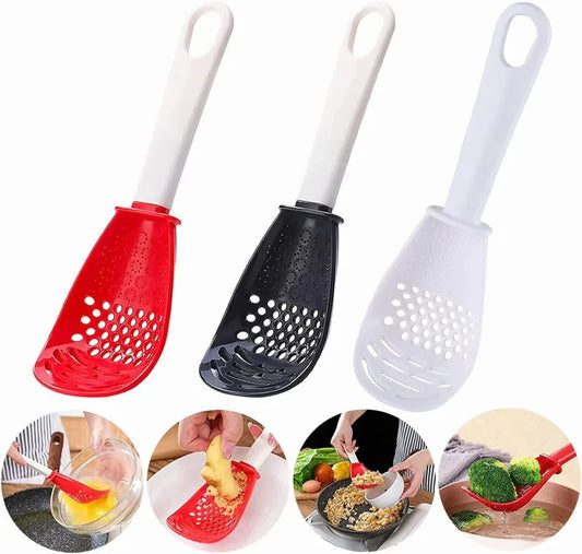 Versatile kitchen spoon for grinding, pressing, and stir-frying in red and black