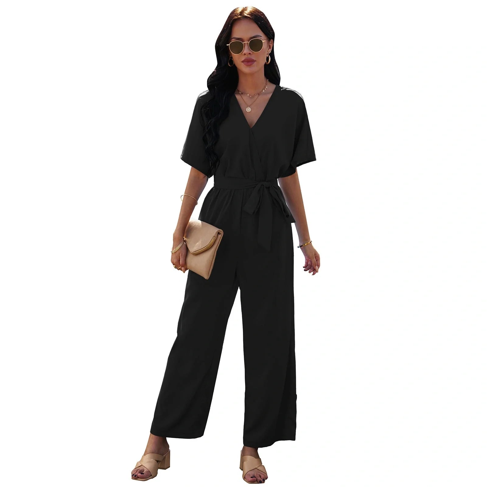 Women's V-neck tie waist jumpsuit in solid colours for summer wear