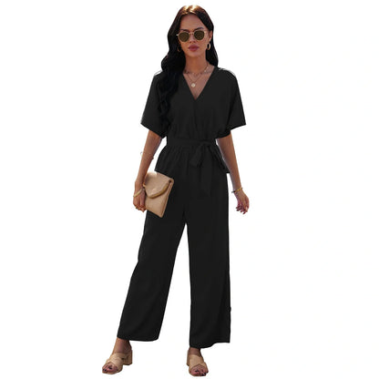 Women's V-neck tie waist jumpsuit in solid colours for summer wear