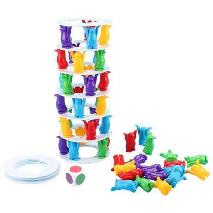 Stackable penguin-themed balance game with colourful plastic pieces for building challenging towers