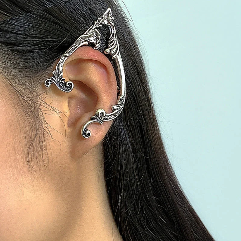 Dark Elf Ear Clip No Piercing Earrings in Silver for Gothic Style