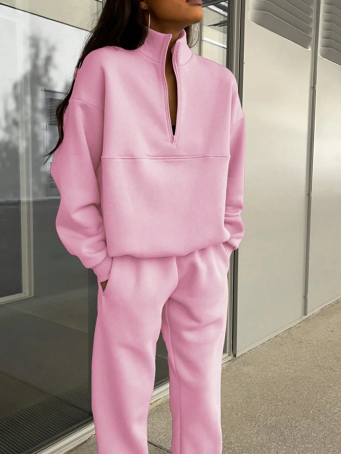Women's long-sleeved sports sweatshirt suit with stand-up collar and elastic band trousers