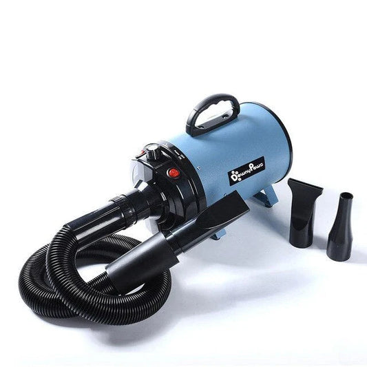 A high-powered, quiet pet hair dryer in various colors, designed for fast and efficient drying of dogs and cats.