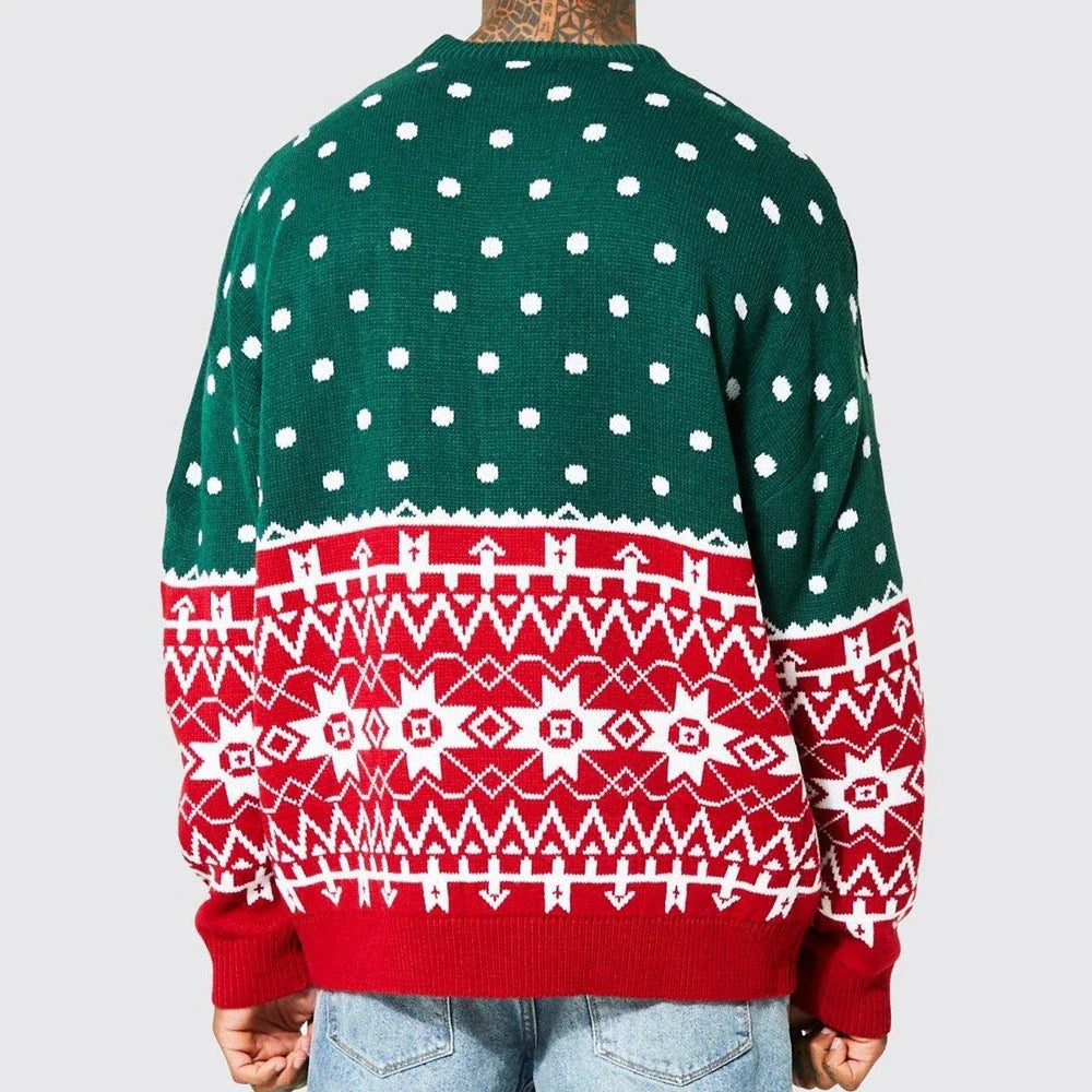 Men's knit jacquard pullover sweater in green and white colors, featuring a relaxed fit and soft, breathable viscose fabric for comfortable wear during autumn, winter, and Christmas seasons.