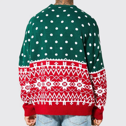 Men's knit jacquard pullover sweater in green and white colors, featuring a relaxed fit and soft, breathable viscose fabric for comfortable wear during autumn, winter, and Christmas seasons.
