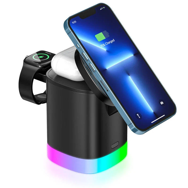 3-in-1 wireless charging station with RGB ambient lighting for smartphones, smartwatches, and wireless earbuds