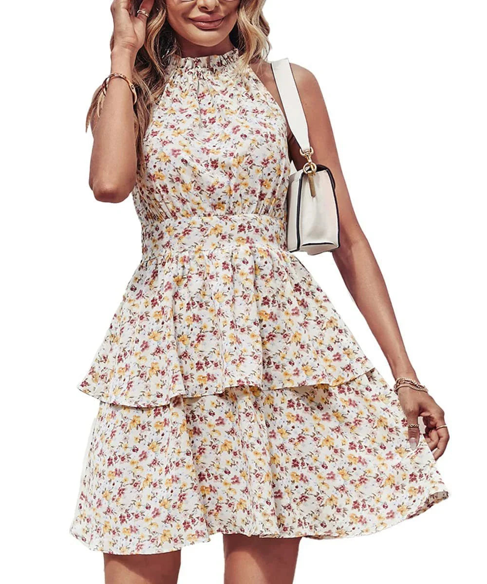 Stylish backless halter dress in various colors, featuring a ruffled A-line silhouette and comfortable polyester fabric for summer fashion
