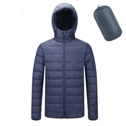 Men's insulated hooded jacket in various colors and styles with adjustable hood and zippered pockets