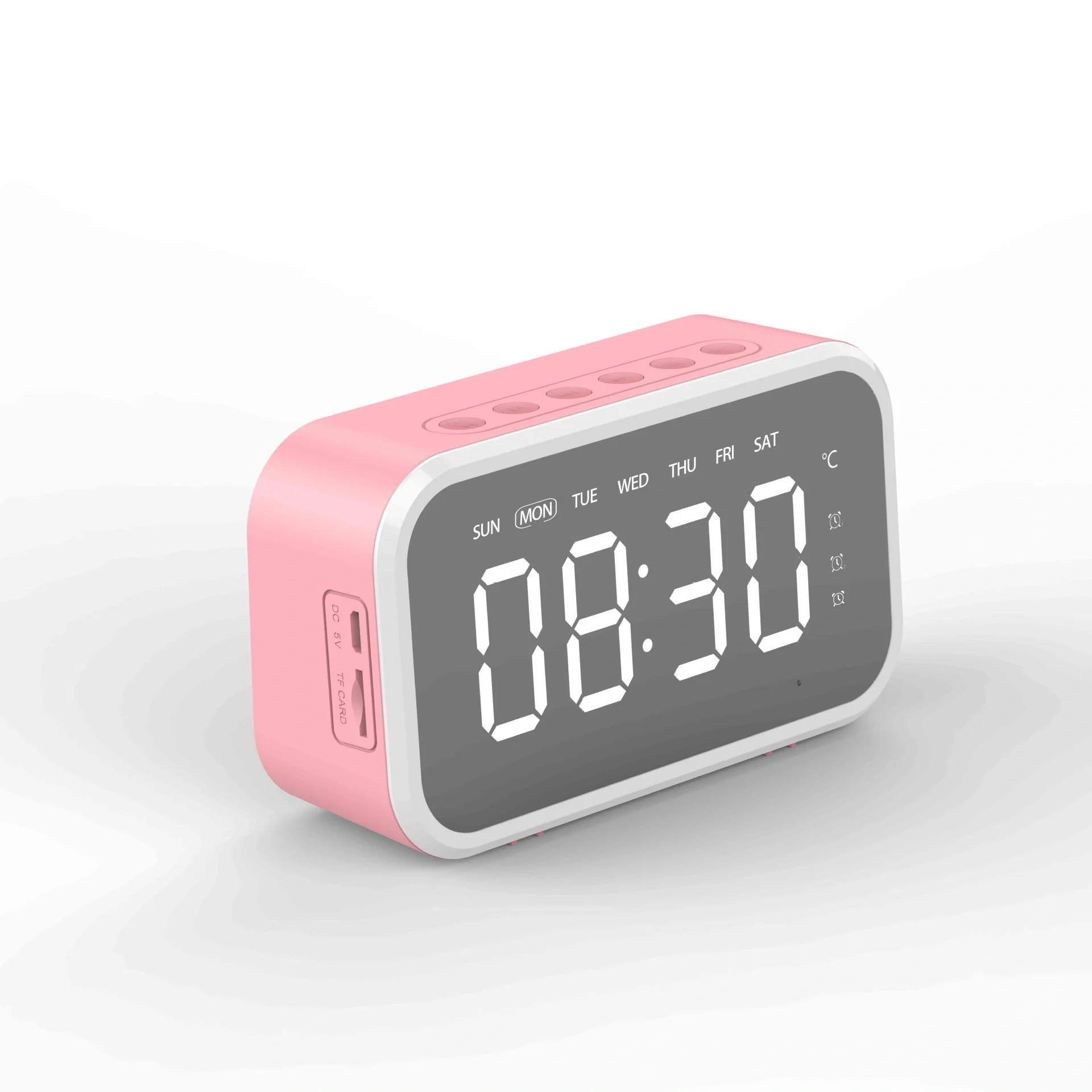 Desktop Alarm Clock with Bluetooth Wireless Audio in black, pink, or white