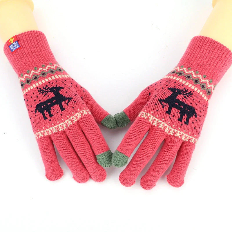 Women's deer and snowflake knitted winter gloves with touch screen functionality