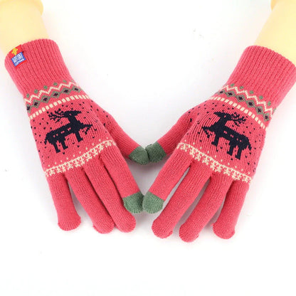 Women's deer and snowflake knitted winter gloves with touch screen functionality