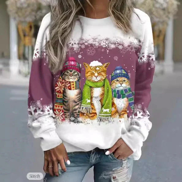 Women's Christmas Snowman and Cat Printed Long Sleeve T-shirt in various colours