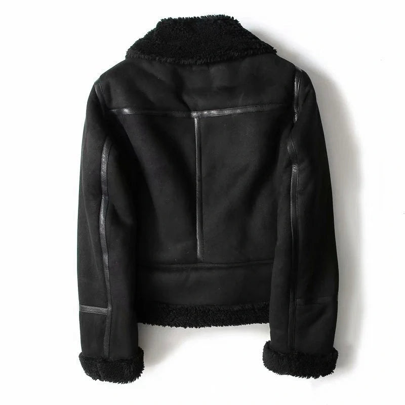 Winter lapel jacket in suede and lamb wool for women, available in black and khaki.