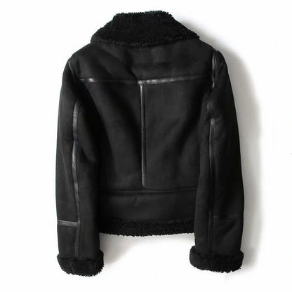 Winter lapel jacket in suede and lamb wool for women, available in black and khaki.
