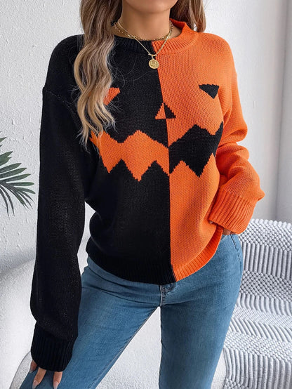 A stylish Halloween pullover sweater with a ghost motif, available in a variety of vibrant colors and sizes.