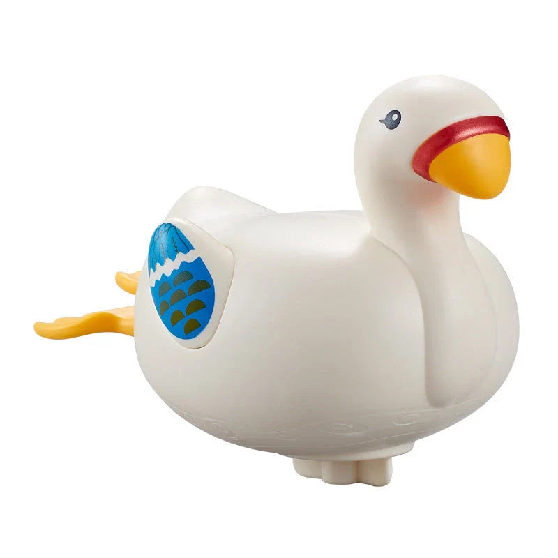 Charming wind-up bath toys featuring a goose and dolphin design, made of durable ABS plastic for safe and fun water play