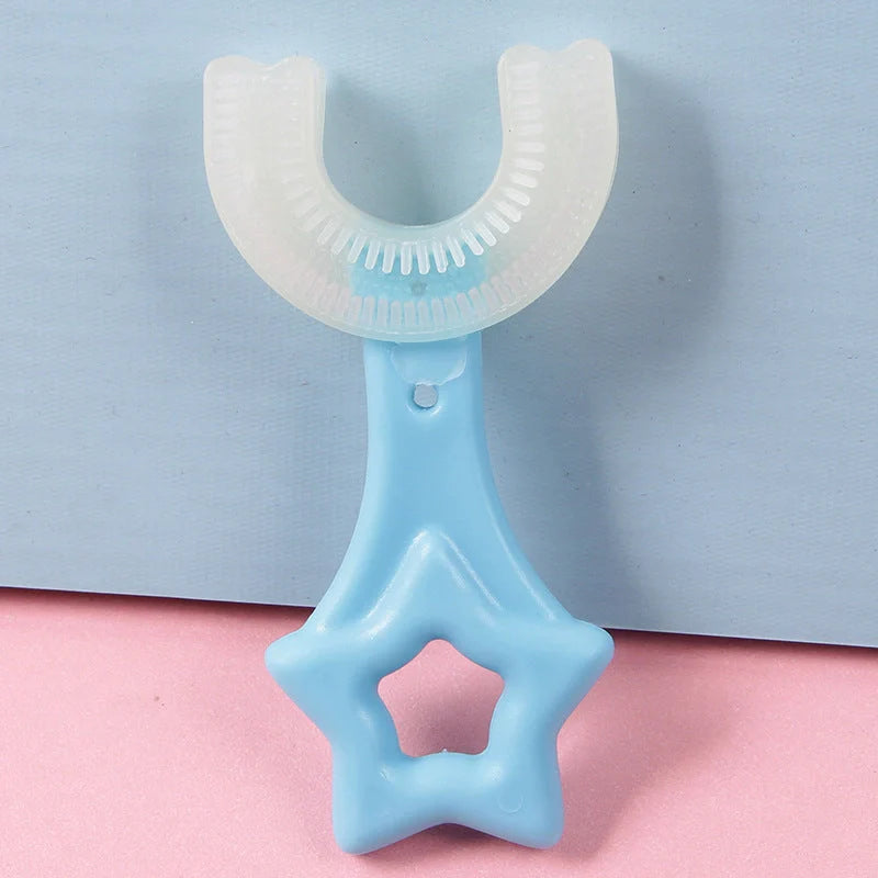 U-shaped baby toothbrush in yellow, pink, and blue, soft silicone for gentle oral care