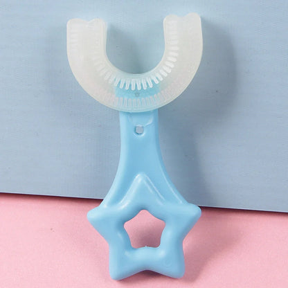 U-shaped baby toothbrush in yellow, pink, and blue, soft silicone for gentle oral care