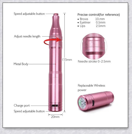 Professional Wireless Permanent Makeup Machine Pen with adjustable speed, long-lasting battery, and ergonomic design for precise, long-lasting eyebrow, eyeliner, and lip liner application.
