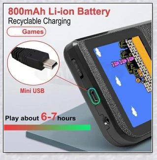 Mini New Retro Gaming Video Console with 400 classic games, vibrant 3-inch colour display, and rechargeable battery for portable gaming on the go.