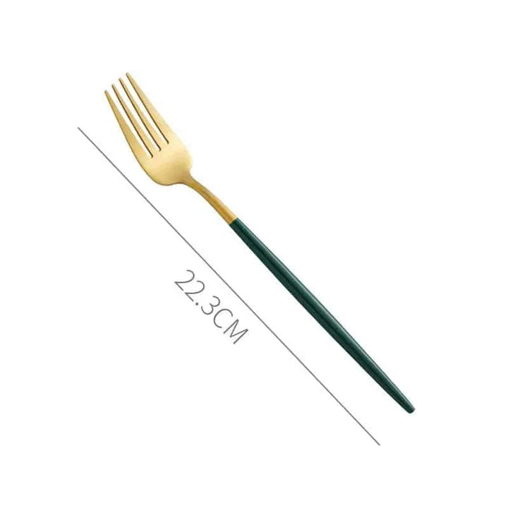 A set of minimalist, eco-friendly tableware in green and gold tones, including plates, bowls, and utensils.