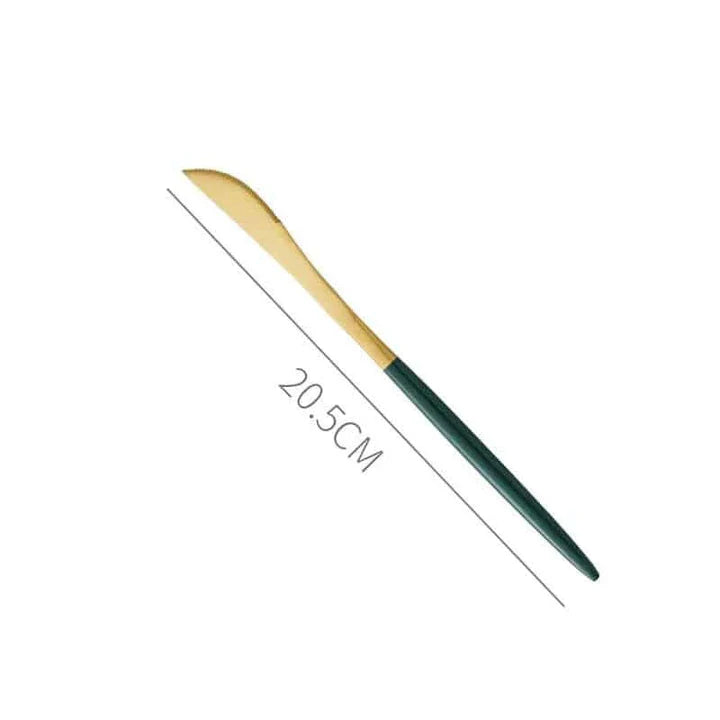 A set of minimalist, eco-friendly tableware in green and gold tones, including plates, bowls, and utensils.