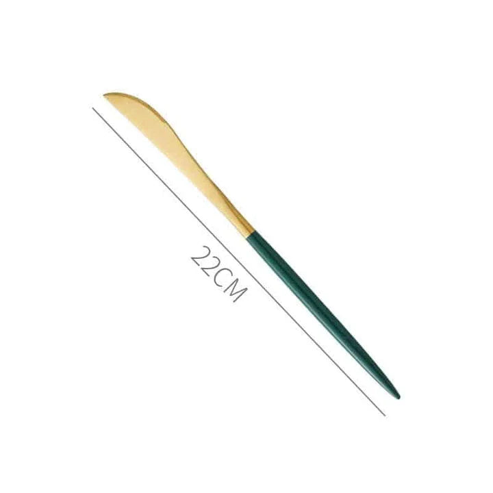 A set of minimalist, eco-friendly tableware in green and gold tones, including plates, bowls, and utensils.