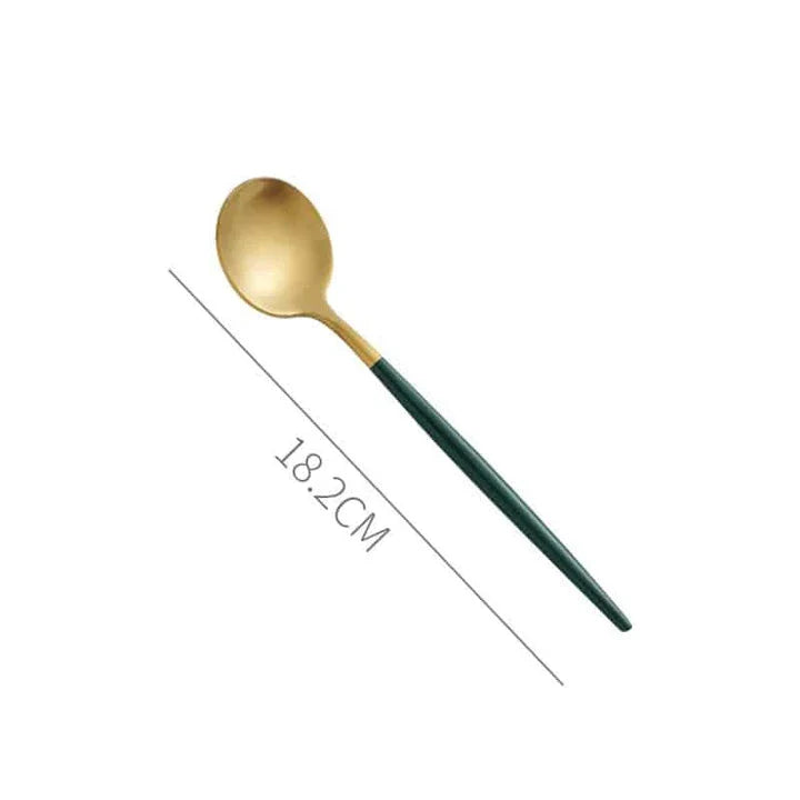 A set of minimalist, eco-friendly tableware in green and gold tones, including plates, bowls, and utensils.