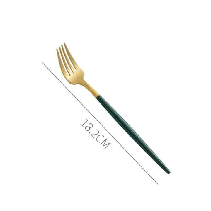 A set of minimalist, eco-friendly tableware in green and gold tones, including plates, bowls, and utensils.