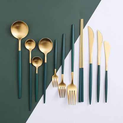 A set of minimalist, eco-friendly tableware in green and gold tones, including plates, bowls, and utensils.