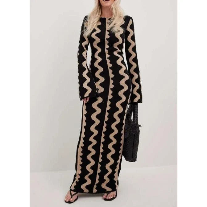 Elegant striped knit midi dress with O-neck, flare sleeves, and ankle-length cut
