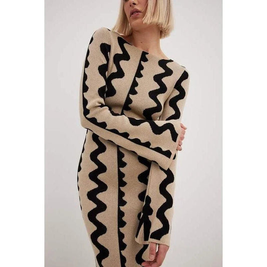 Elegant striped knit midi dress with O-neck, flare sleeves, and ankle-length cut