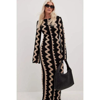 Elegant striped knit midi dress with O-neck, flare sleeves, and ankle-length cut