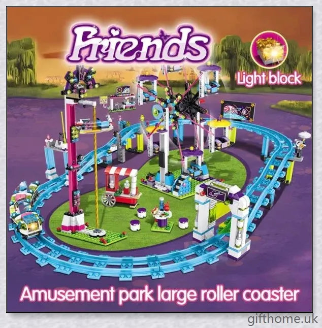 Compatible Friends Amusement Park With Roller Coaster - A LEGO-compatible set with a roller coaster, Ferris wheel, and drop tower for children's imaginative play