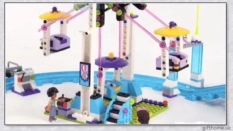 Compatible Friends Amusement Park With Roller Coaster - A LEGO-compatible set with a roller coaster, Ferris wheel, and drop tower for children's imaginative play