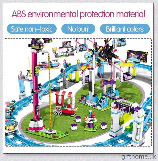 Compatible Friends Amusement Park With Roller Coaster - A LEGO-compatible set with a roller coaster, Ferris wheel, and drop tower for children's imaginative play