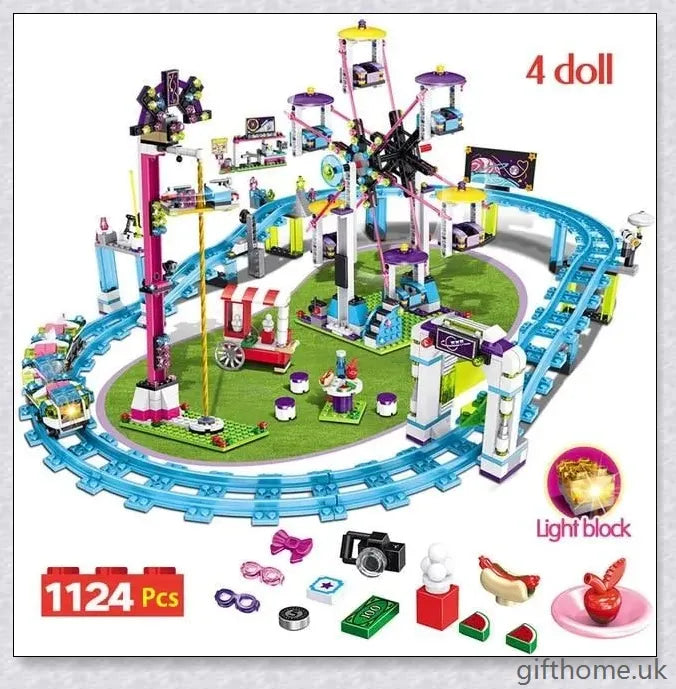 Compatible Friends Amusement Park With Roller Coaster - A LEGO-compatible set with a roller coaster, Ferris wheel, and drop tower for children's imaginative play