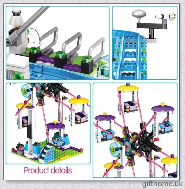Compatible Friends Amusement Park With Roller Coaster - A LEGO-compatible set with a roller coaster, Ferris wheel, and drop tower for children's imaginative play