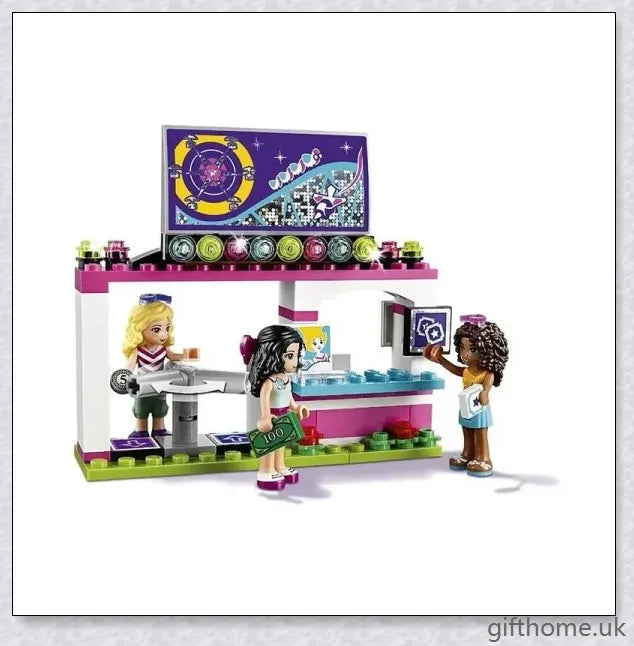 Compatible Friends Amusement Park With Roller Coaster - A LEGO-compatible set with a roller coaster, Ferris wheel, and drop tower for children's imaginative play