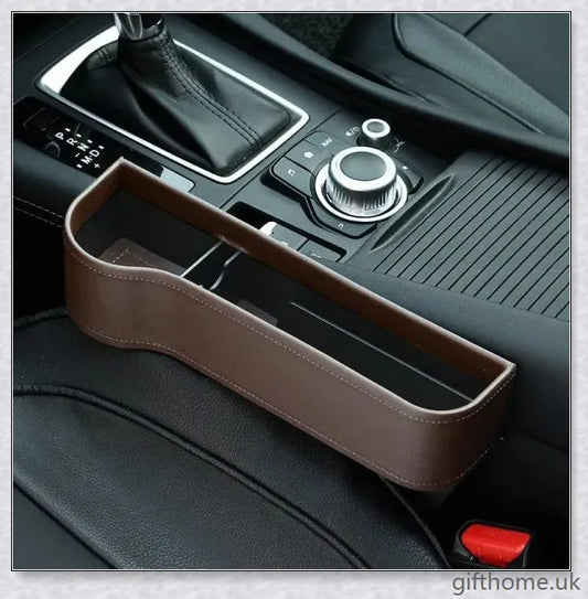 Premium car storage box with leather and plastic construction, providing ample space and a sleek design for organized in-car storage.
