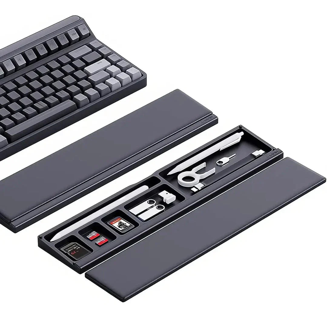 Ergonomic keyboard wrist rest pad with integrated desktop storage for organised workspace
