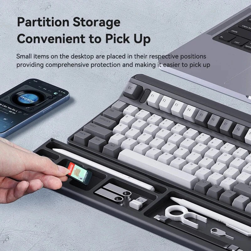 Ergonomic keyboard wrist rest pad with integrated desktop storage for organised workspace