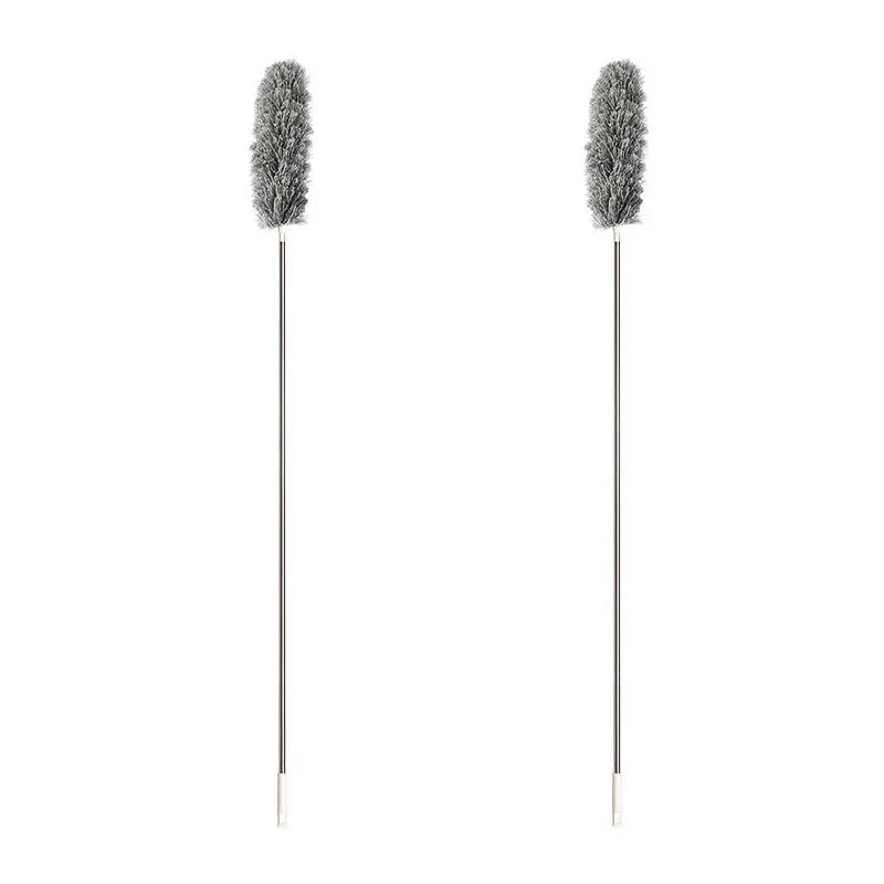 Extendable microfiber duster with long stainless steel handle for reaching high areas and cleaning ceiling fans, light fixtures, and tall furniture