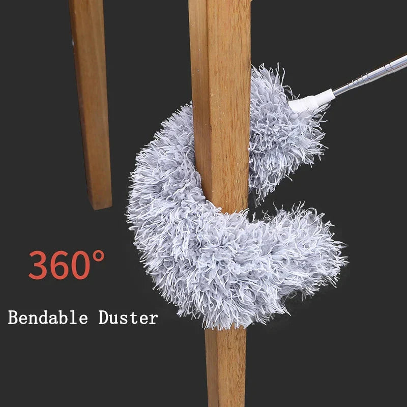 Extendable microfiber duster with long stainless steel handle for reaching high areas and cleaning ceiling fans, light fixtures, and tall furniture